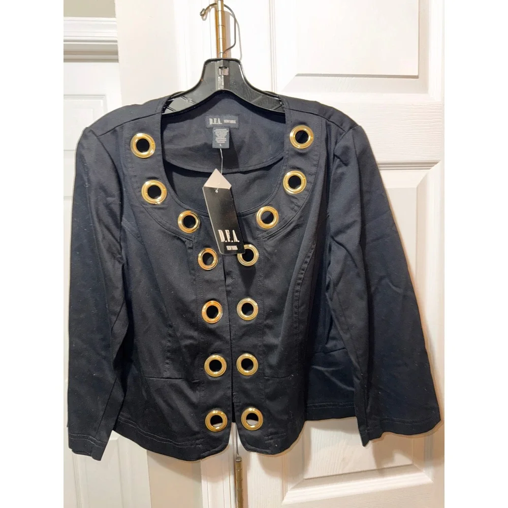 D.F.A. New‎ York Black Gold Grommet Embellished Jacket Statement Coat Size L